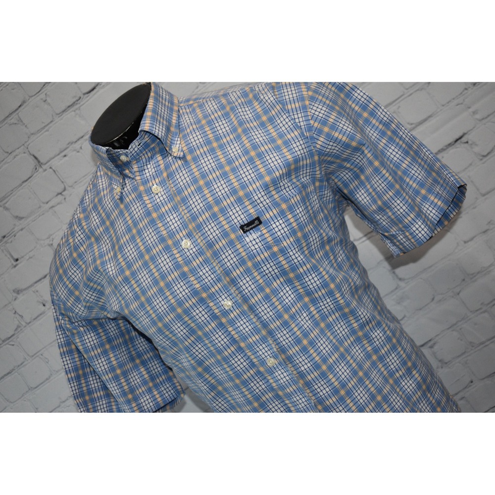 Faconnable Button Down Shirt Mens Medium Blue Plaid Cotton Front Pocket
